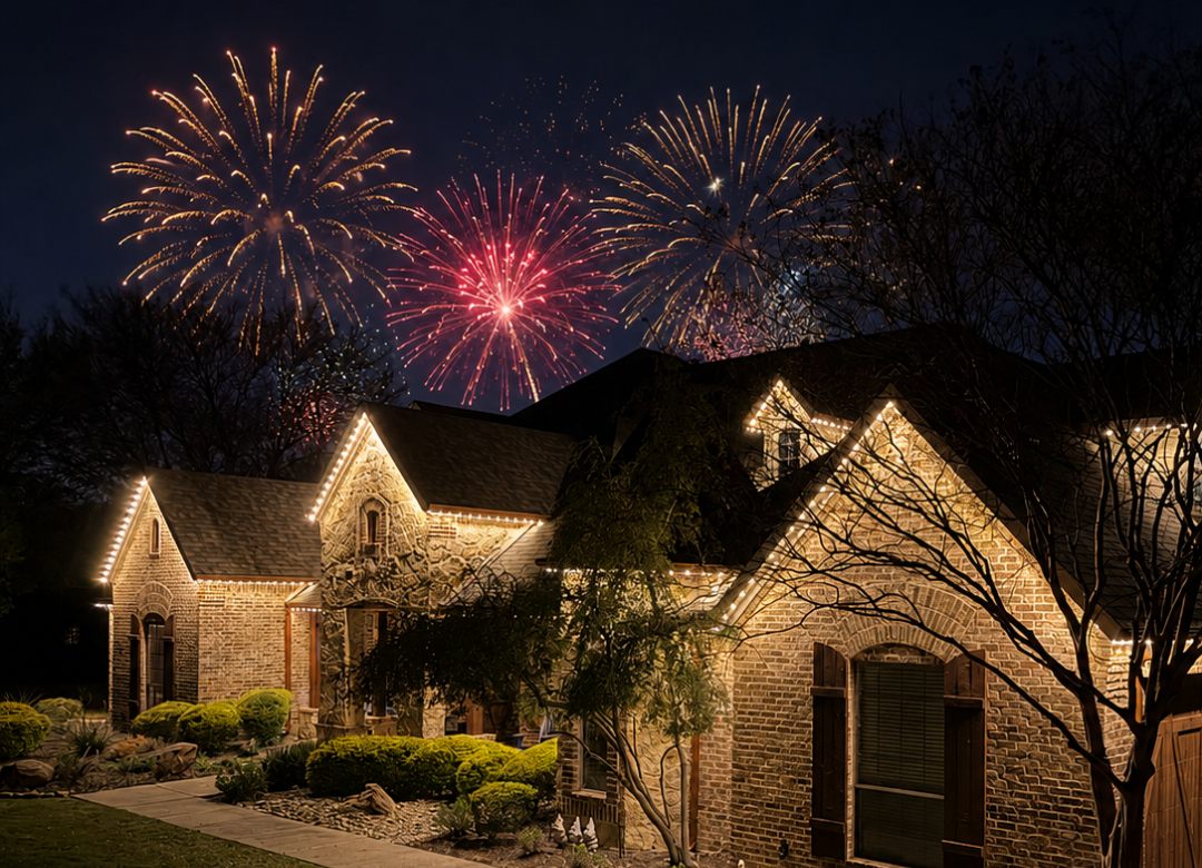 A stone and brick home outlined in warm lighting with fireworks overhead