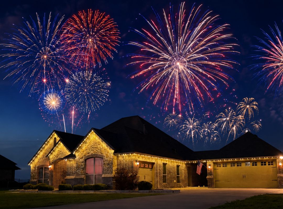 A brick home in warm white lighting under a sky of fireworks
